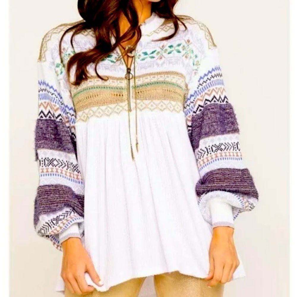 Free People -Cozy Cottage Colorful Sparkly Half Zip Tunic Long Sleeve Sweater XS